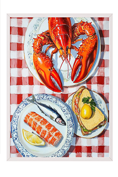 Zestia Tablou cu ramă albă, tablou cu homari roșii și fructe de mare, poster ...