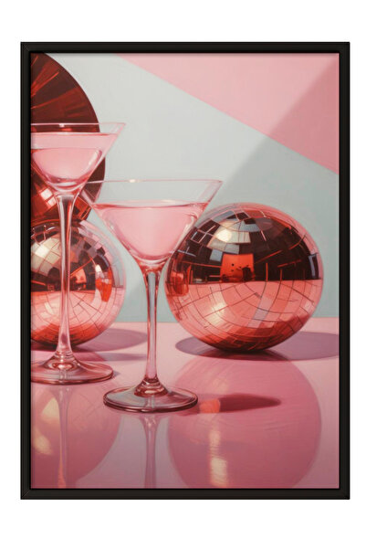Zestia Siyah Çerçeveli Tablo, Pembe Tonlu Şampanya Kadehleri, Mutfak Dekoru Poster No: 110029
