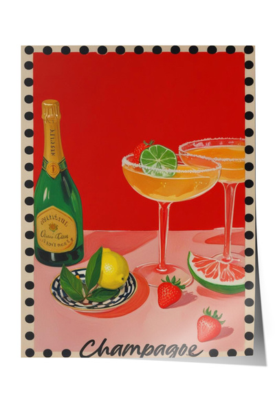 Zestia Αφίσα χωρίς πλαίσιο, Ποτήρι σαμπάνιας – Ρετρό Εικονογράφηση, Αφίσα δια...