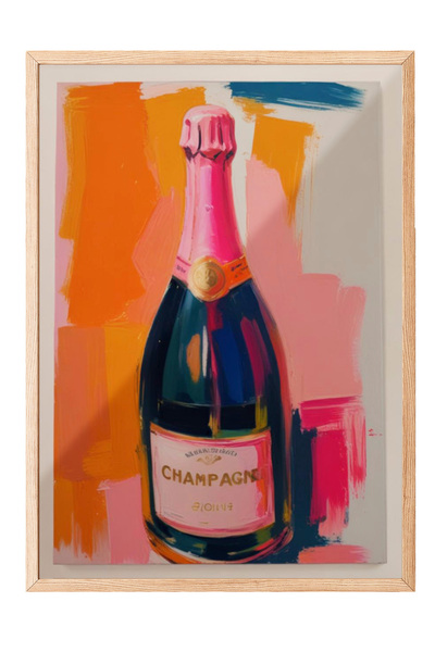 Zestia Εικόνα με ξύλινο πλαίσιο, Ροζ Μπουκάλι Σαμπάνιας – Ατμόσφαιρα Πάρτι, Δ...