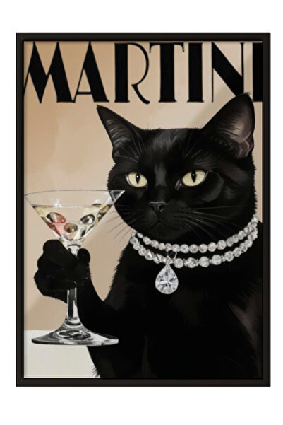 Zestia Πίνακας με Μαύρο Πλαίσιο, Γάτα και Νυχτερινό Κοκτέιλ – Κομψή Εικονογρά...