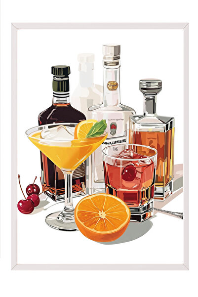 Zestia Tablou înrămat alb, cu whisky și felii de portocale, poster decorativ ...