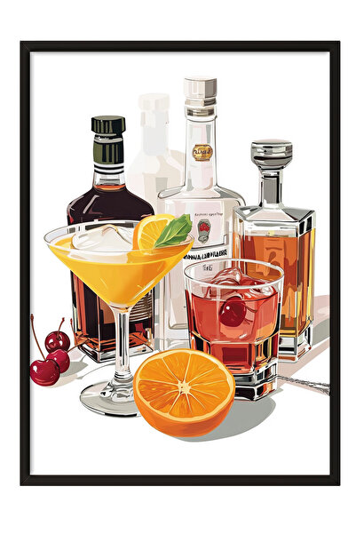 Zestia Πίνακας με μαύρο πλαίσιο, ουίσκι και φέτες πορτοκαλιού, αφίσα διακόσμη...