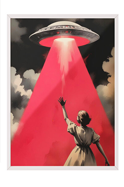 Zestia Tablou cu ramă albă, OZN și figură roz – Retro-Science Fiction, Poster...