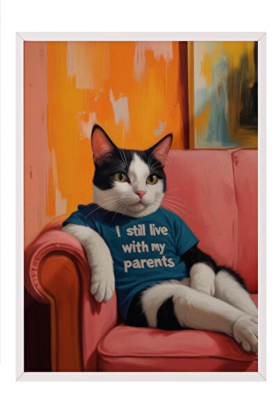 Zestia Tablou înrămat alb, Pisică în odihnă – Scenă stilizată a unei case, Po...