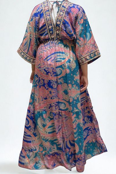 CESTOPİENO Silk Blue Front and Back V-Neck Embroidered Dress / Beach Dress / Bohemian Dress
