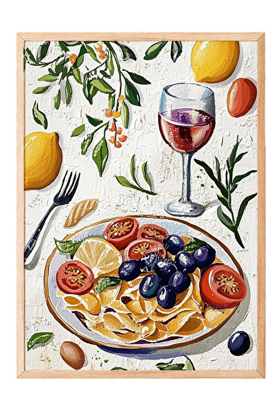 Zestia Tablou cu ramă din lemn, farfurie cu fructe și suc de portocale, poste...