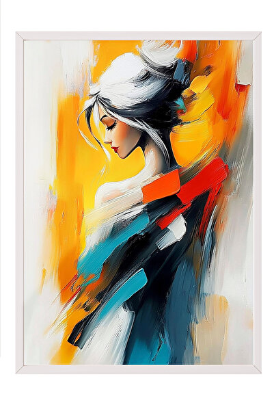 Zestia Tablou înrămat alb, portret de femeie cu tușuri colorate, poster decor...