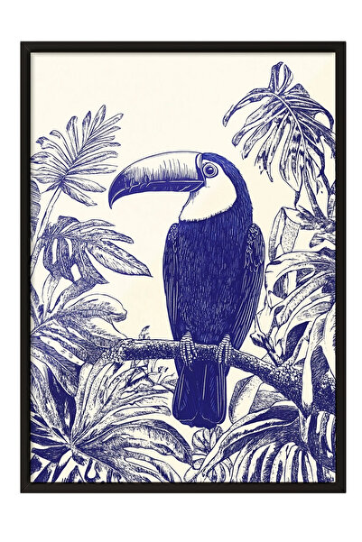 Zestia Tablou înrămat negru, ilustrație cu pasăre tropicală albastră și albă,...
