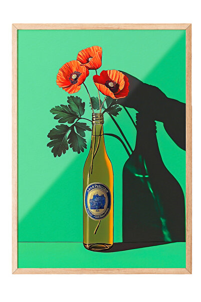 Zestia Tablou cu ramă din lemn, ilustrație minimalistă cu floare roșie în vaz...