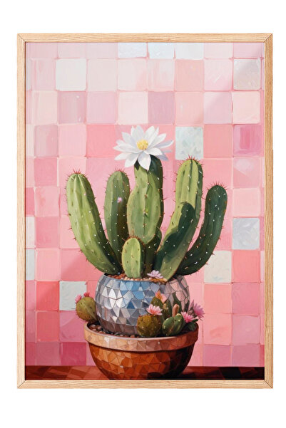 Zestia Tablou cu ramă din lemn, cactus pe fundal cu carouri roz – Minimalist,...
