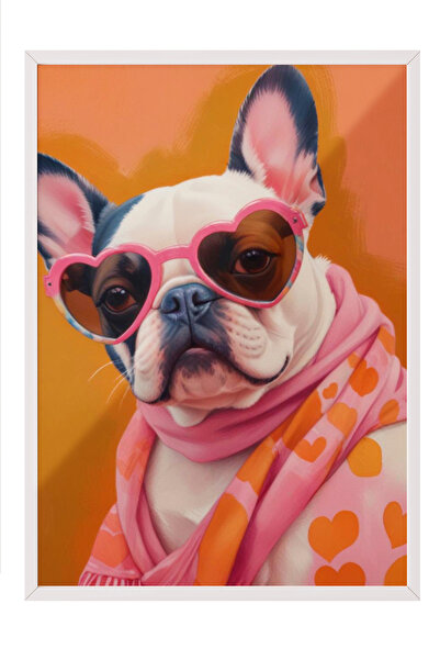 Zestia Tablou înrămat alb, câine drăguț cu ochelari – Ilustrație amuzantă, Po...