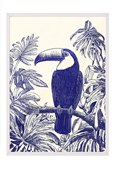 Zestia Tablou în ramă albă, Ilustrație cu pasăre tropicală albastră și albă, ...