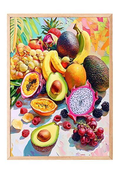 Zestia Tablou cu ramă din lemn, felii de fructe tropicale vedere de sus, post...