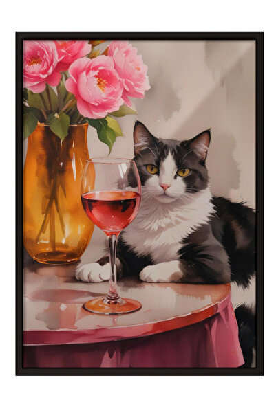 Zestia Πίνακας με μαύρο πλαίσιο, Νεκρή φύση με τριαντάφυλλο και γάτα, Διακοσμ...