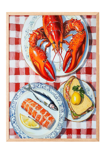 Zestia Tablou cu ramă din lemn, tablou cu homari roșii și fructe de mare, pos...