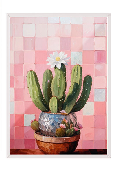 Zestia Tablou în ramă albă, cactus pe fundal cu carouri roz – Minimalist, dec...