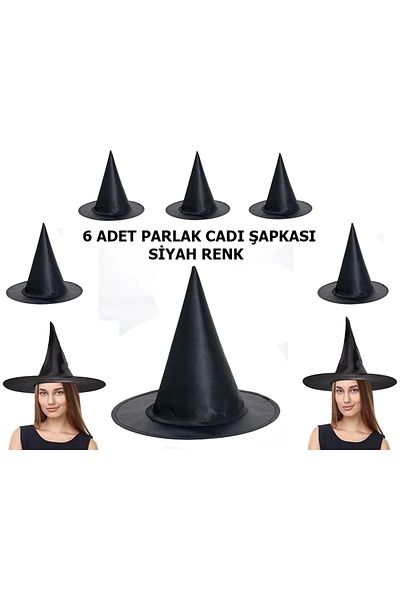 shopwave Halloween Black Color Shiny Dralon Witch Hat Adult and Children Compatible 6 Pieces