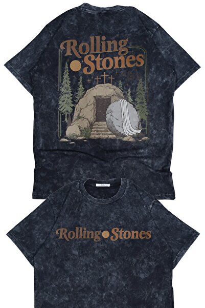 Fuddy Moda Унисекс тениска с печат на гърба Rolling Stones, прекарана през пе...