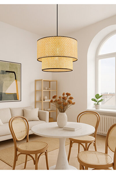 HALL BREATHE Bej Rattan 2 Katlı Büyük Sarkıt, Şık ve Modern Aydınlatma Parçası