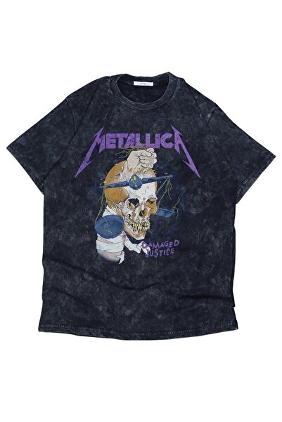 Fuddy Moda Унисекс тениска с принт Damaged Justice Metallica, препрана, с рок...