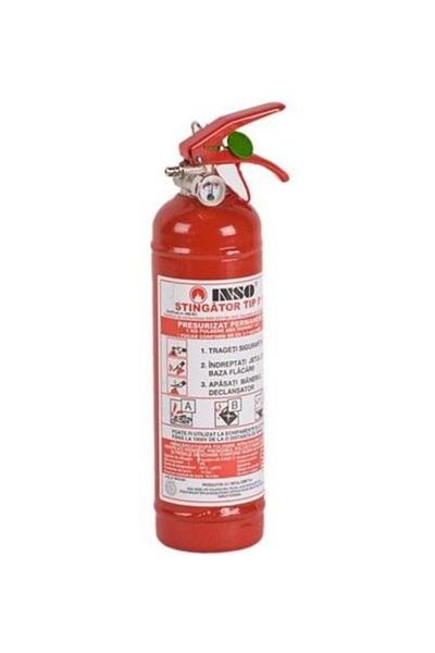 Universal INSO car powder extinguisher, model P6, capacity 6 kg, equipped with pressure gauge.