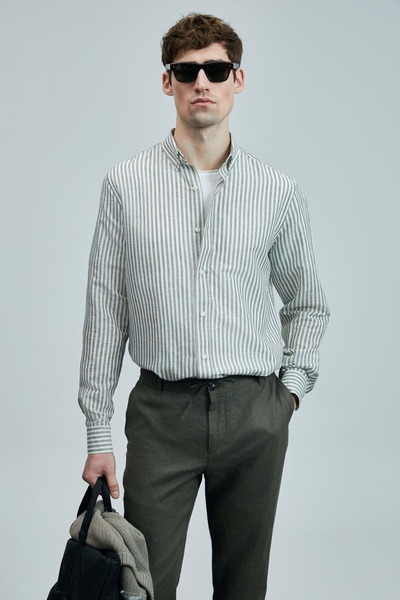 Lufian 111010631 Cămașă pentru bărbați din bumbac, in, pentru bărbați, cu cro...