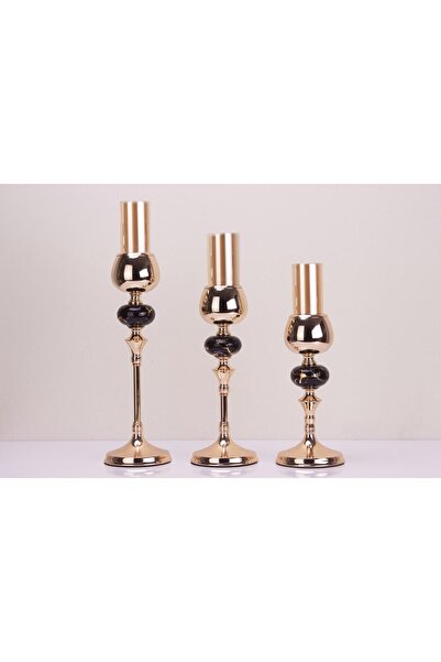 DEKORANLA Şık Kristal Taşlı Ayaklı Altın Renkli 3'lü Şamdan Seti