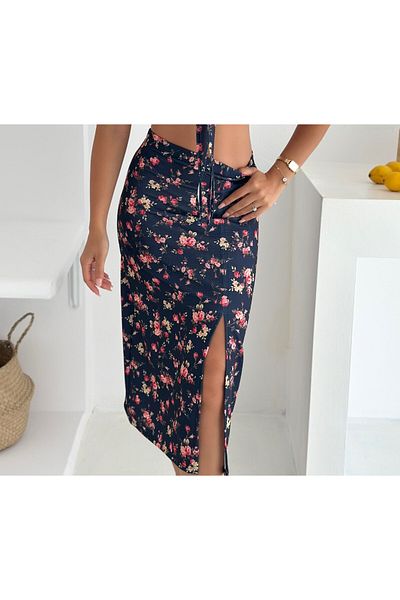 MaxiMor Women's Elastic Waist Front Slit Pencil Lycra Fabric Midi Length Skirt