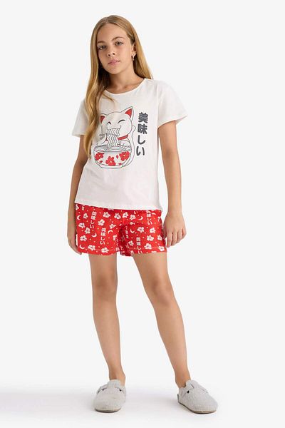 DeFacto Girls Pajamas Set Printed Short Sleeve T-Shirt Patterned Shorts G0922A825Hs