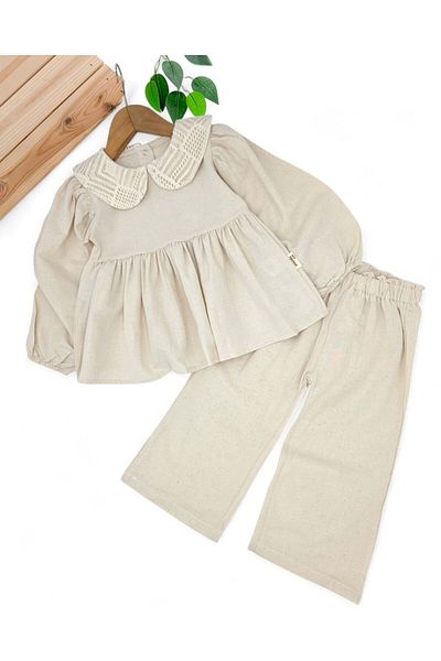 voyyo kids baby Girl's Seasonal Linen Suit, Wide Legs, Watermelon Sleeves, Baby Collar, 100% Organic Cotton