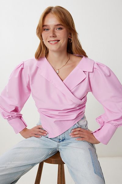 Lovelyİstanbul Wrap Collar Asymmetrical Woven Blouse Lyy0105 Pink