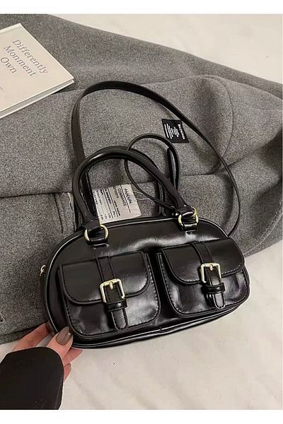 Rivina Women's Double Pocket Buckle Leather Look Mini Shoulder and Hand Bag