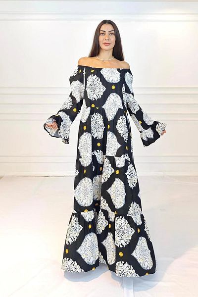 Hazinedan Women's Ethnic Shawl Patterned Madonna Collar Loose Long Flare Sleeve Authentic Black Dress