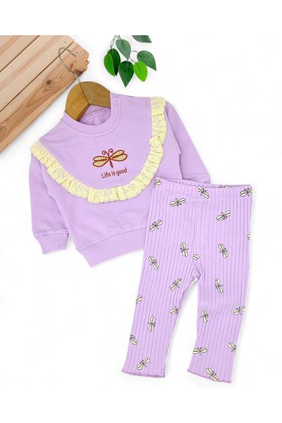 Egelite Baby Girl Butterfly Embroidered, Ribbed Tights, Ruffle Detailed 6-9-12-18-24 Months Stylish Baby Set