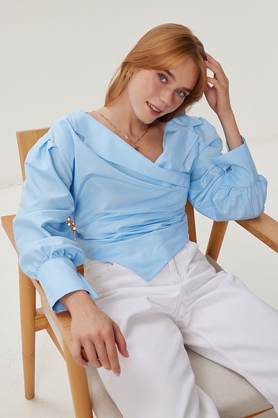 Lovelyİstanbul Wrap Collar Asymmetrical Woven Blouse Lyy0105 Sky Blue