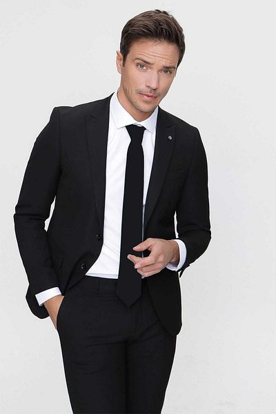 Morven Men's Black Basic Plain Slim Fit 3-Piece Suit Slim Fit Shirt Plain Tie