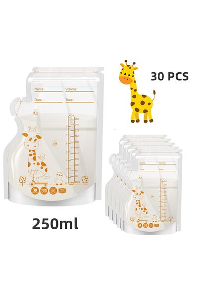 choice2 30pcs PE Giraffe Breast Milk Storage Bags, 250ML 30pcs/60 pcs per Pack, Pre-Stick Labels, BPA Free,
