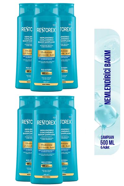 Restorex Hydra Moisturizing Revitalizing Care Shampoo 6X500 ml - Hyaluronic Acid, Glycoic Acid