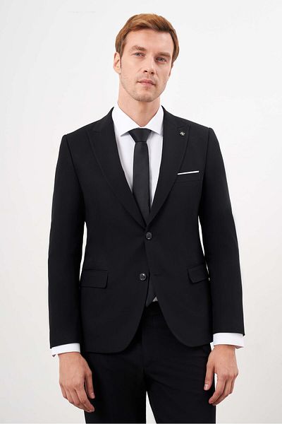 Morven Men's Black Polyviscon Basic Plain Pattern Slim Fit Pointed Collar Suit