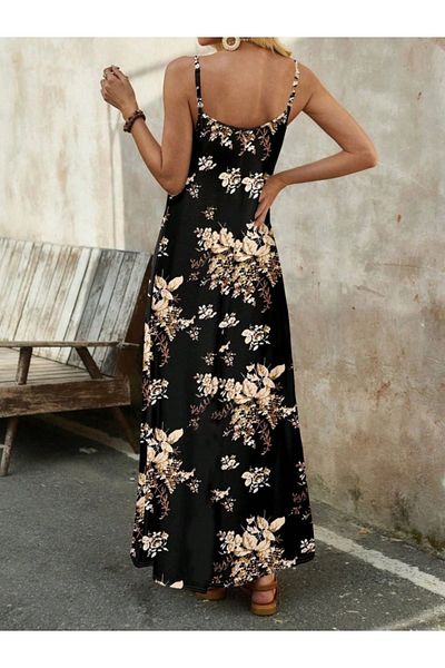JANES Women's Rope Strap V-Neck Floral Patterned Single Jersey Dress