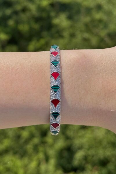 TAKIŞTIR Silver Color Stone Detailed Ysx Handcuff Bracelet