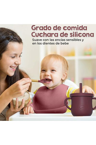 Orangu-gu 5-piece baby feeding set, silicone/wood, magenta