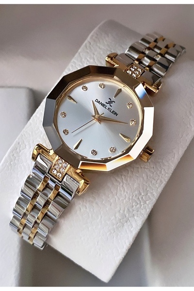 Daniel Klein Kadın Kol Saati – Altın Gümüş Renk, Sekizgen Kasa, Taş Detaylı P...