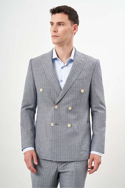 Morven Men's Navy Blue Linen Trend Double Breasted Slim Fit Pointed Collar Suit
