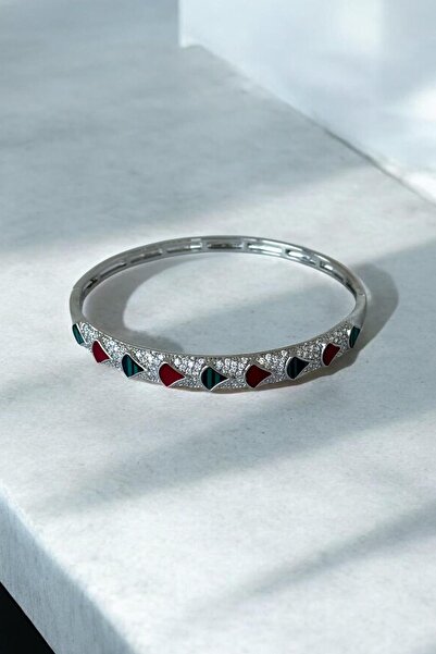 TAKIŞTIR Silver Color Stone Detailed Ysx Handcuff Bracelet