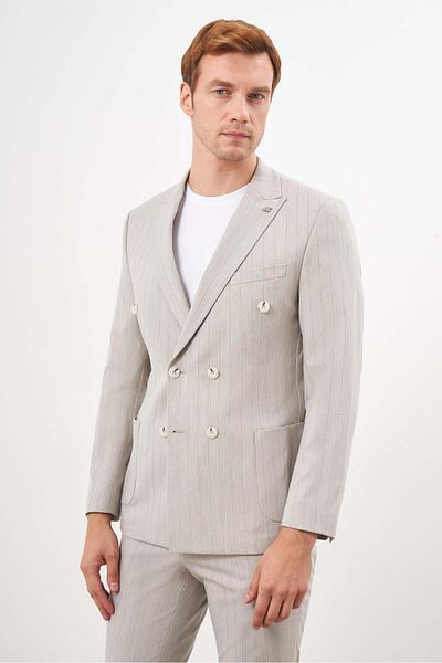 Morven Men's Beige Polyviscon Trend Double Breasted Slim Fit Pointed Collar Suit