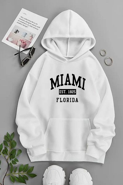 CLAYES Unisex White Hooded Sweatshirt – Miami Florida, Printed Thick Fabric