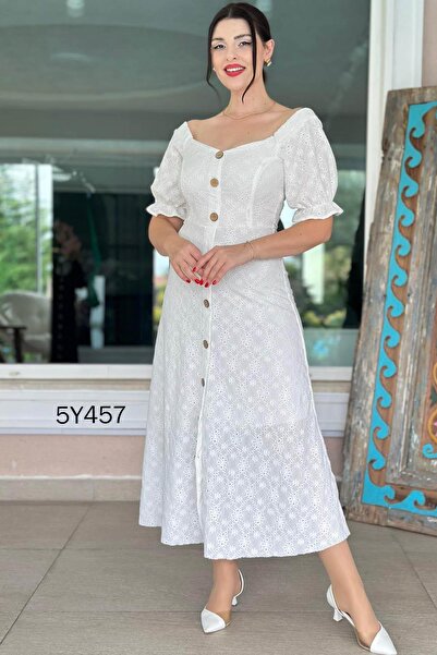 İnce Topuk Короткий рукав з ґудзиками спереду Броде сукня 5y457