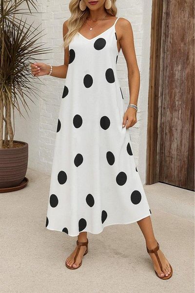 modamtn Women's Patterned Single Jersey Dress with Wide V-Neck and Rope Strap